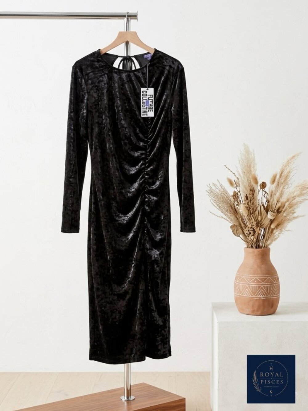 Future Collective Black Velvet Ruched Long Sleeve Dress